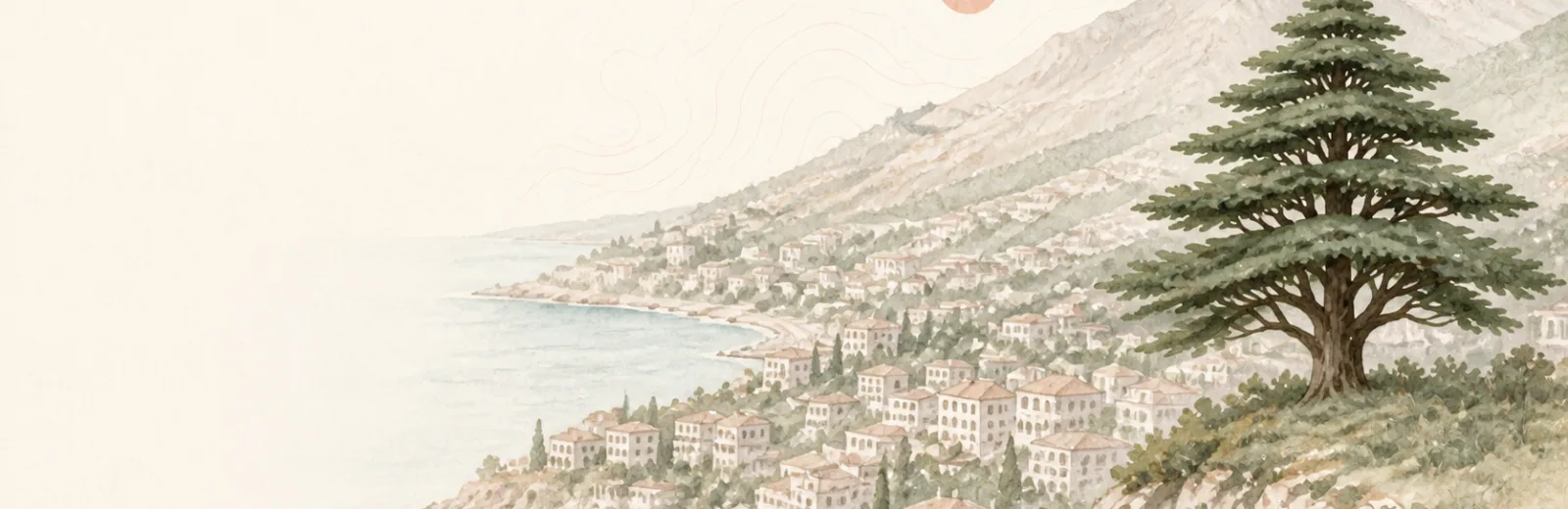 Illustrated Lebanese coastal town, mountains, buildings, and cedar tree